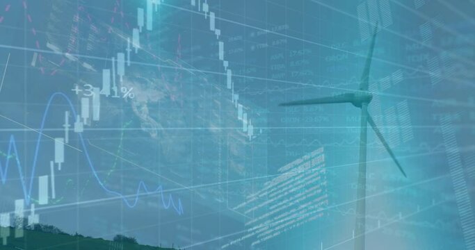 Animation of graphs, world map with data processing on digital interface against wind turbine - Powered by Adobe