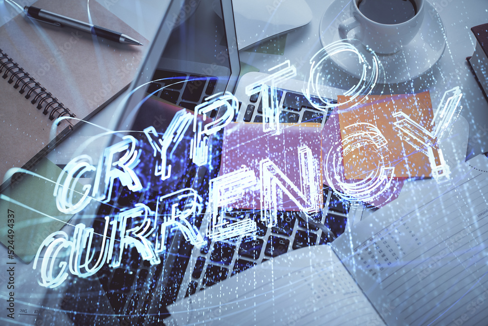 Poster Blockchain theme hologram drawings over computer on the desktop background. Top view. Multi exposure. Concept of cryptoeconomy.