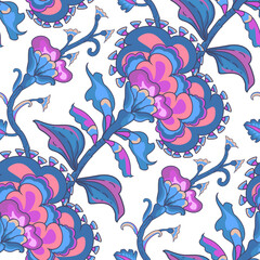 Jacobean embroidery floral seamless pattern. Fantasy baroque print with leaves and flowers. Hand drawn blue and pink oriental tiles. Vector laced decorative background. Floral textile.