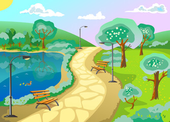 Fototapeta na wymiar Spring landscape. Park with a pond, alley, trees. Season. Warm weather. Flat vector illustration.