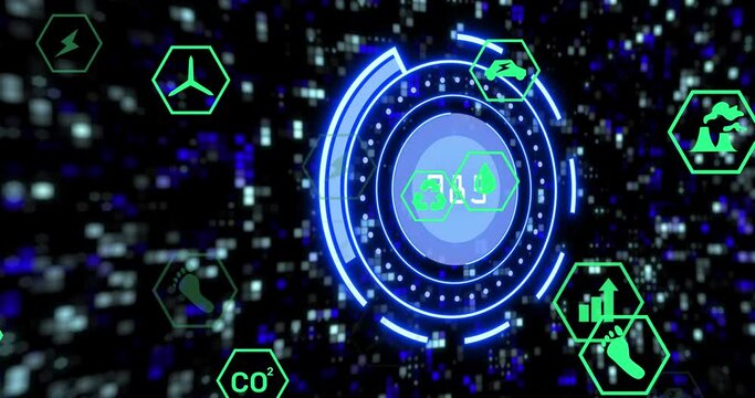 Animation of scope scanning with data processing abd icons over moving columns