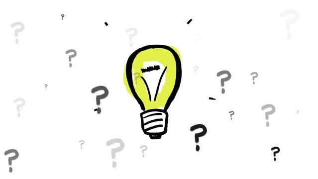 Animation of lightbulb icon over question marks on white background