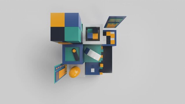 Top view of Data processing and big Data analysis 3d looping animation with Alpha channel. Conceptual loop cubes render, geometric moving blocks, infographics, charts, finance market. Pastel colors.