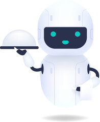 White friendly android robot holding a serving tray with a breakfast, and white towel. Robot waiter, butler.