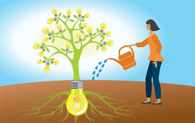 Woman watering light bulb tree. The tree standing firm in ground on big idea, lightbulb and roots. Inspiration and further development. Vector illustration. © Eva Almqvist