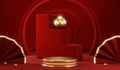 3D rendering of blank product background for cream cosmetics Modern red podium background