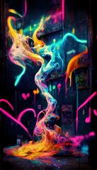 Fototapeta na wymiar An abstract multicolored rainbow stream. A wall splattered with colored paint and surrounded by colored smoke and neon patterns. Perfect for phone wallpaper or for posters