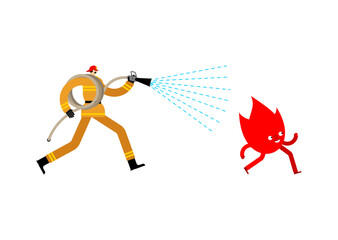 Fireman run after fire. Fire extinguishing. Vector illustration