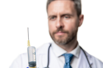syringe in hands of doctor. syringe for anaesthesia. selective focus of syringe
