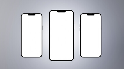Three smartphone mock-ups in the empty space with white screens may be used for the demonstration of web design, app, and phone prototypes.