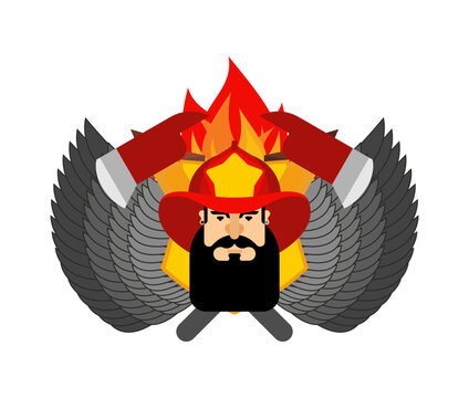 Firefighter in helmet sign. Fire ax and flame. Fire department symbol. fireman emblem