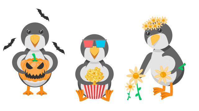 Set Abstract Collection Flat Cartoon Different Animal Penguins Watching A Movie With Popcorn, With A Pumpkin And Bats Around, Picking Flowers Vector Design Style Elements Fauna Wildlife