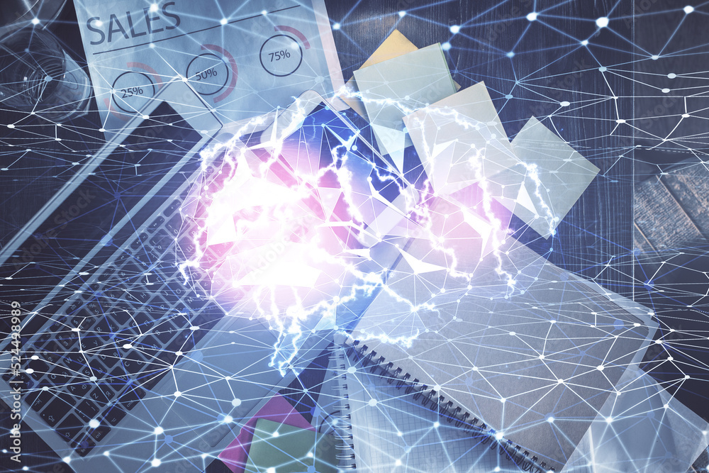 Wall mural double exposure of brain drawing hologram over topview work table background with computer. concept 