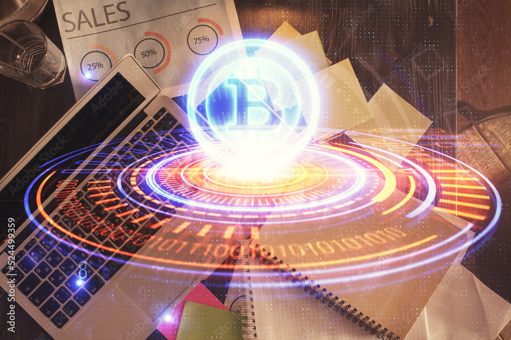 Poster Blockchain theme hologram drawings over computer on the desktop background. Top view. Double exposure.