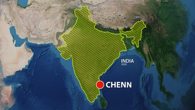 Designation of the borders of India on the map and the mark of the location of the city of Chennai