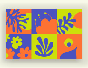 Fototapeta na wymiar Colorful hand drawn repeatable abstract patterns include floral, botanic patterns and geometric organic shapes. Minimal monochromatic trendy abstract graphic elements. Vector illustration.