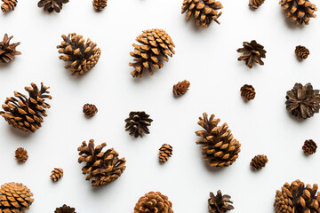 pine cones on colored table. natural holiday background with pinecones grouped together. Flat lay. Winter concept