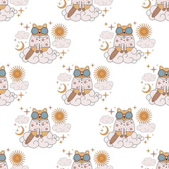 Seamless pattern with cute and funny cats. Wonderful cat 70s. Cheerful kitten.