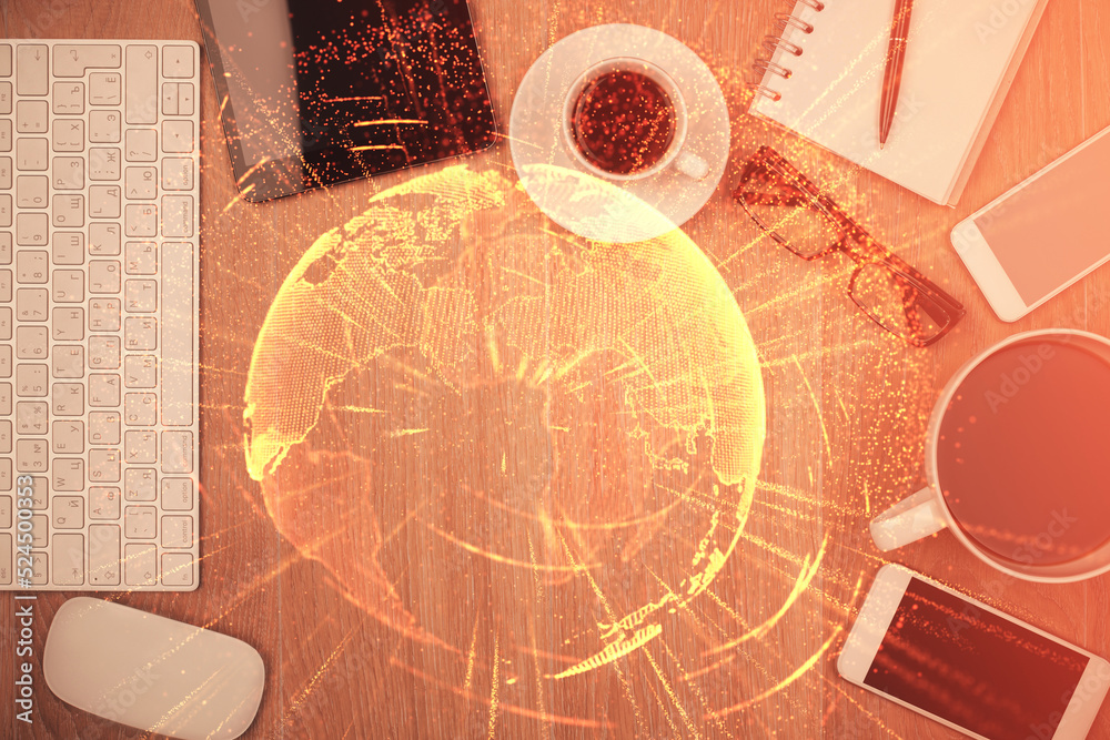 Poster double exposure of social network theme drawing over table with phone. top view. people connecting c