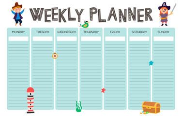 Vector set of weekly planner, to do list, note, wish list, goals background with doodle pirate print. School planner with doodle sketch. A map with a hand-drawn sketch of pirate items, lighthouse