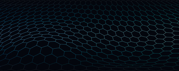 Hexagon distorted perspective grid. Abstract hexagonal background.