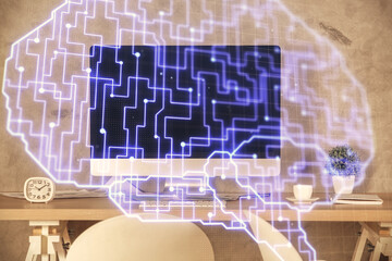 Multi exposure of brain drawing and office interior background. Concept of data technology.