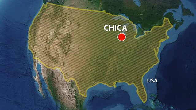 Designation of the borders the United States of America on the map and the mark of the location of the city of Chicago
