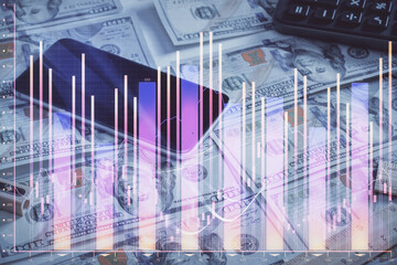 Obraz premium Double exposure of forex graph drawing over us dollars bill background. Concept of financial markets.