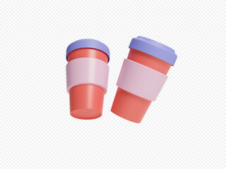 3d flying coffee cups isolated on transparent background