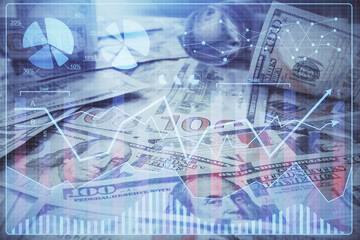 Multi exposure of forex chart drawing over us dollars bill background. Concept of financial success markets.