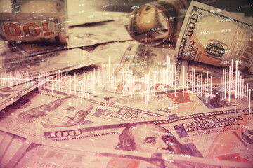 Multi exposure of forex chart drawing over us dollars bill background. Concept of financial success markets.