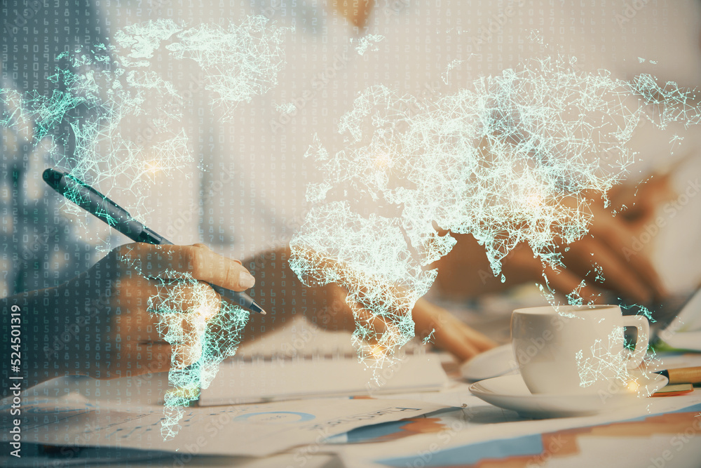 Poster double exposure of social network theme drawing over people taking notes background. concept of huma