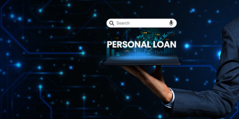 Searching personal loan word on internet, Browsing Internet Data Information Concept - obrazy, fototapety, plakaty