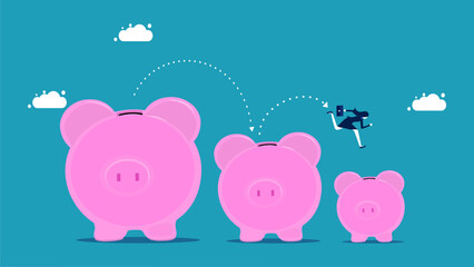 Savings are down. Businesswomen run on shrinking pig piggy banks. vector illustration