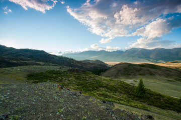 Fototapeta premium Steppe against the backdrop of mountains in the sunset light