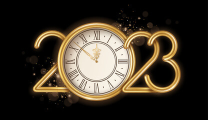 Gold Happy New Year 2023 logo with clock face and burst glitter sparkles on black background. Vector illustration. Merry Christmas template design for posters, flyers, brochures or vouchers