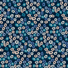 Simple floral seamless patterns. Flowers in blue color. Botanical collage in modern trendy style.