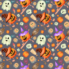 Seamless Halloween pattern. Scary Pumpkin Jack witches and ghosts. Happy spooky holiday. Hand drawn watercolor and pencils illustration on colored background. Cartoon child character.
