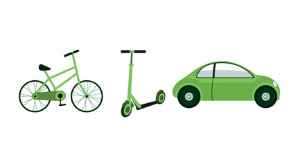 Electric transportation illustration set.  Electric car, bike, scooter . Eco friendly vehicle concept. Vector illustration.
