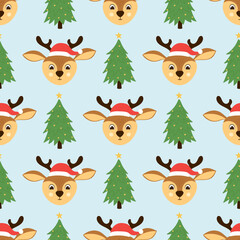 Seamless pattern of cute deer head and christmas tree. Background for Christmas design. 