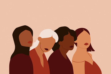 Women characters different ethnicities. Group of people together, female abstract silhouettes. Vector illustration