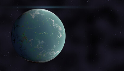 Naklejka na ściany i meble Planet in Cosmos Universe and Light movement in deep space. Sci-fi fantasy of dark deep space and planet, realistic exoplanet, planet suitable for colonization 