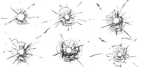 bullet holes in glass on a white background