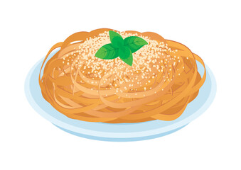 Plate of linguine pasta with parmesan cheese and basil icon vector. Fettuccine pasta with parmesan cheese and basil icon vector isolated on a white background
