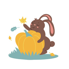 Cute bunny with an autumn harvest. Little brown rabbit holding a big pumpkin in its paws isolated on a white background. Vector flat hand drawn illustration isolated on white background.