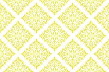 Floral pattern. Vintage wallpaper in the Baroque style. Seamless vector background. White and yellow ornament for fabric, wallpaper, packaging. Ornate Damask flower ornament