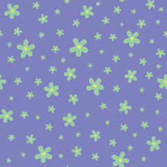 Fototapeta na wymiar Green daisies ditsy on blue background, seamless pattern design.