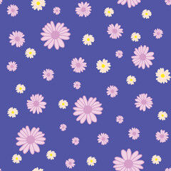 Pink, yellow daisies ditsy seamless pattern design.