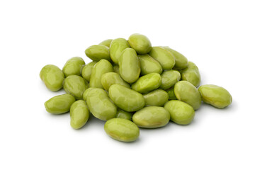 Heap of preserved steamed edamame beans isolated on white background