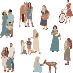 Set of vector hand drawn people, young girl with family, horse, with the deer, family, friendship, mother, father and daughter, kids, baby girl, baby boy, girl with bycicle, girl with basket